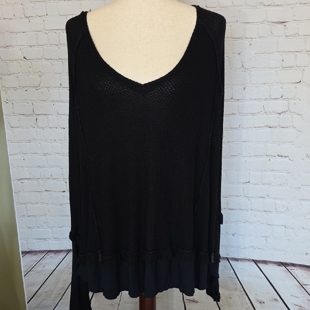 We The Free People Laguna Thermal Waffle Knit Oversized Tunic Top Black XS